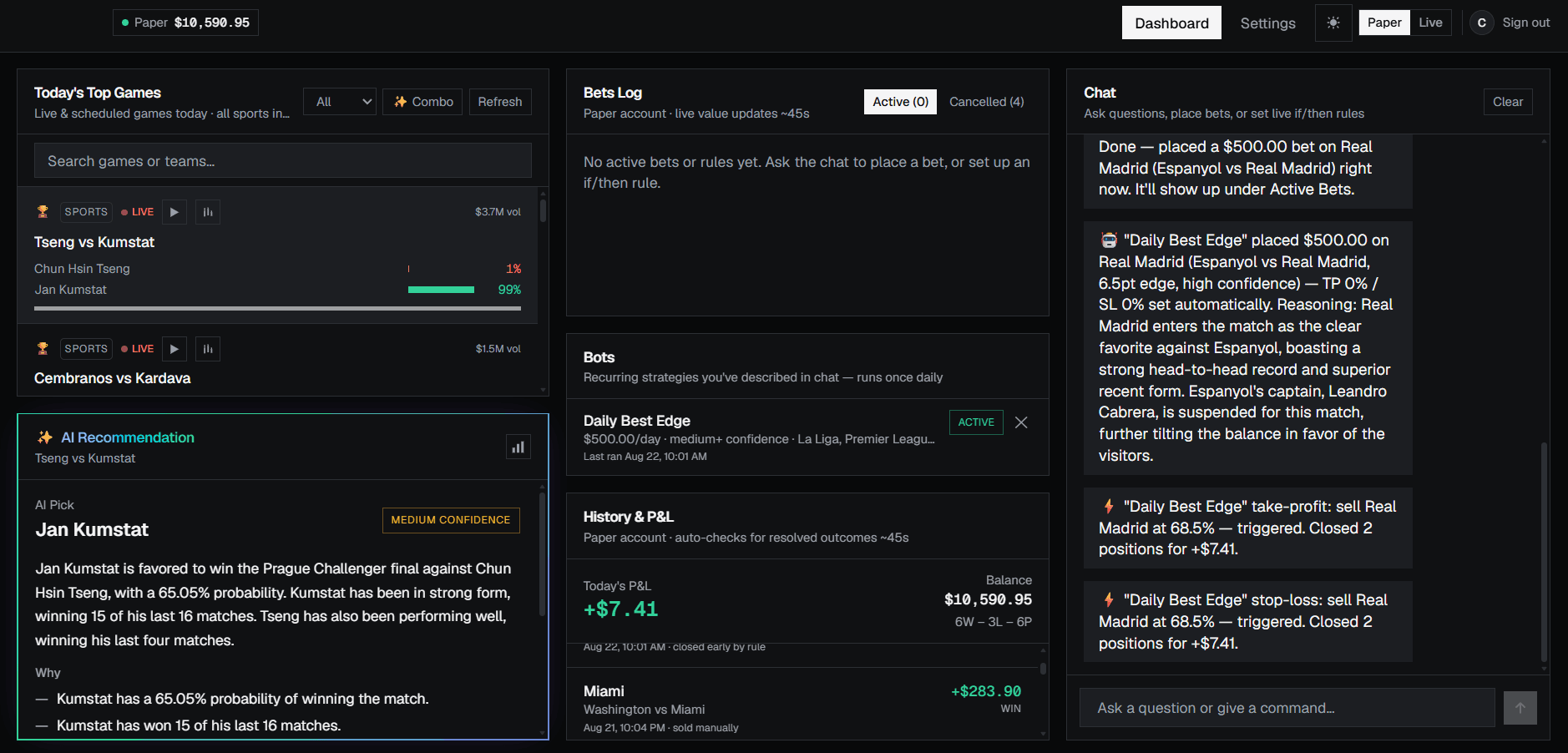 Bettys Bot dashboard showing today's top games, an AI recommendation, active bets, bots, and P&L